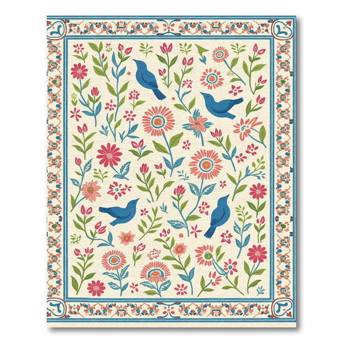 Blue Birds Coral Flowers Garden Border Rug