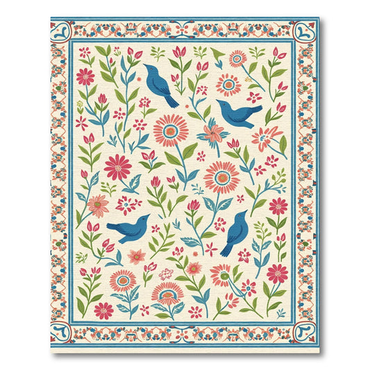 Blue Birds Coral Flowers Garden Border Rug