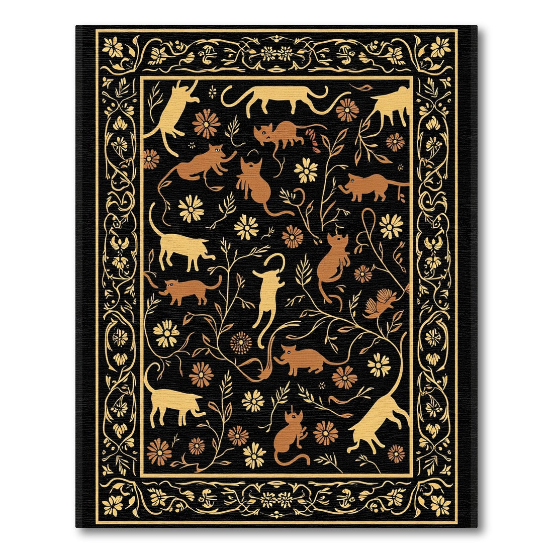 Golden Cats and Floral Vine Border Rug