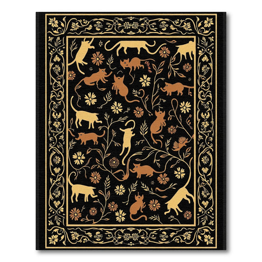 Golden Cats and Floral Vine Border Rug