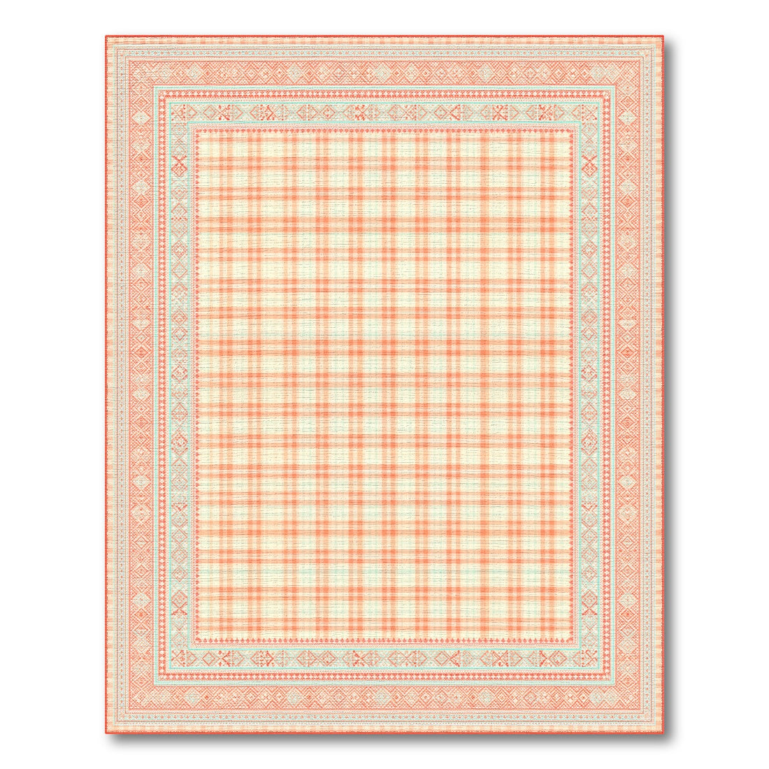 Orange Gingham Area Rug with Teal Border