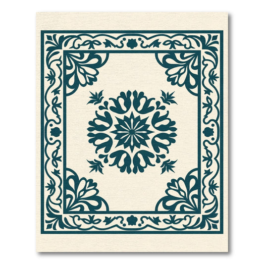 Deep Teal Floral Scroll Medallion Rug