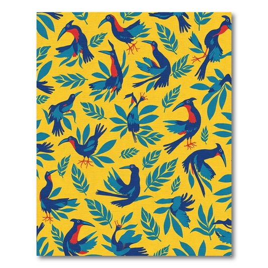 Bold Blue Bird Botanical Yellow Ground Rug