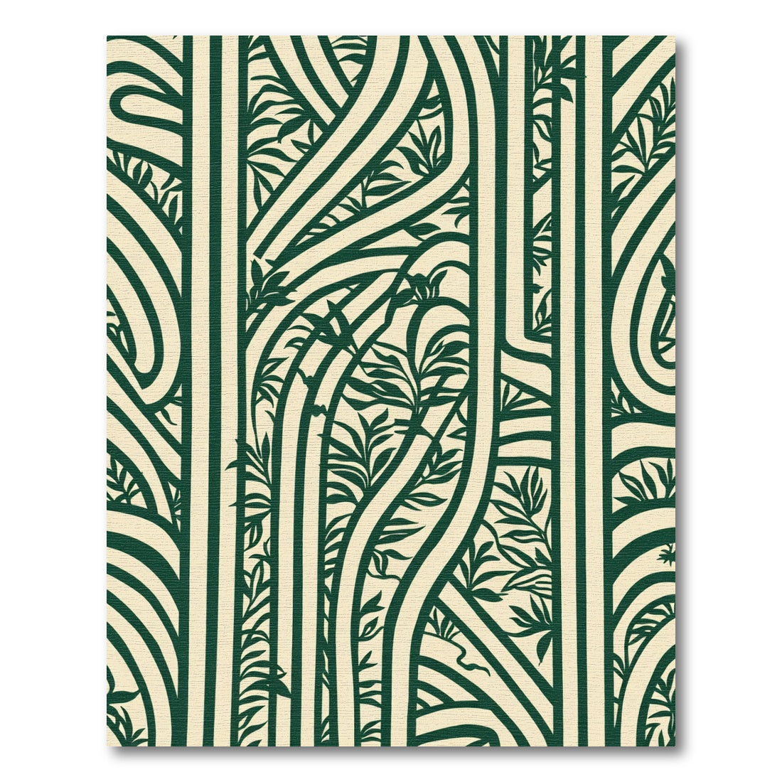 Cream and Dark Green Botanical Swirl Rug