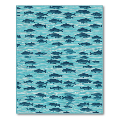 Blue Teal Fish Wave Coastal Area Rug