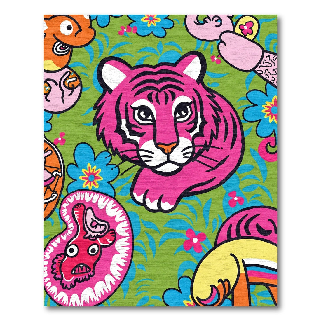 Vibrant Pink Tiger Floral Jungle Rug