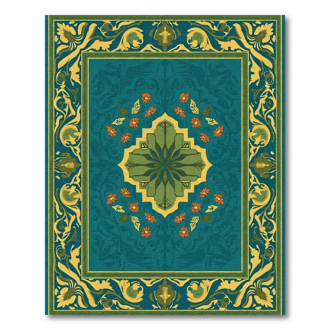 Emerald Teal Floral Medallion Border Rug