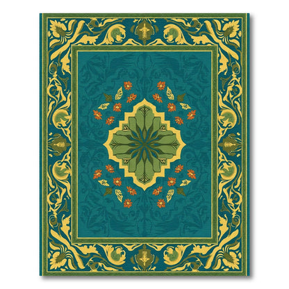 Emerald Teal Floral Medallion Border Rug