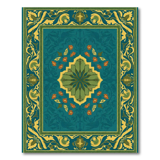 Emerald Teal Floral Medallion Border Rug