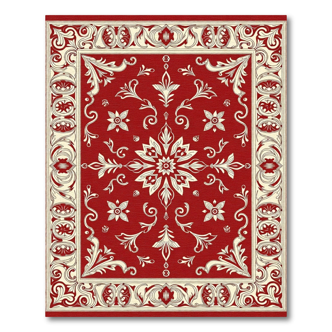 Ornate Floral Border Red Cream Rug