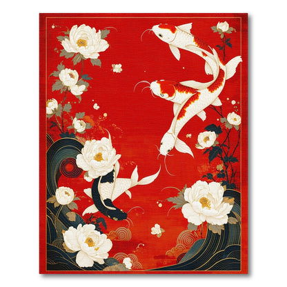 Red Koi Peony Floral Washable Area Rug
