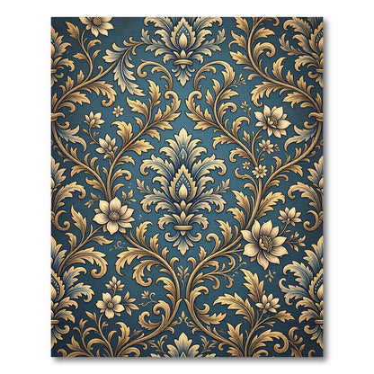 Rich Teal Golden Floral Damask Rug