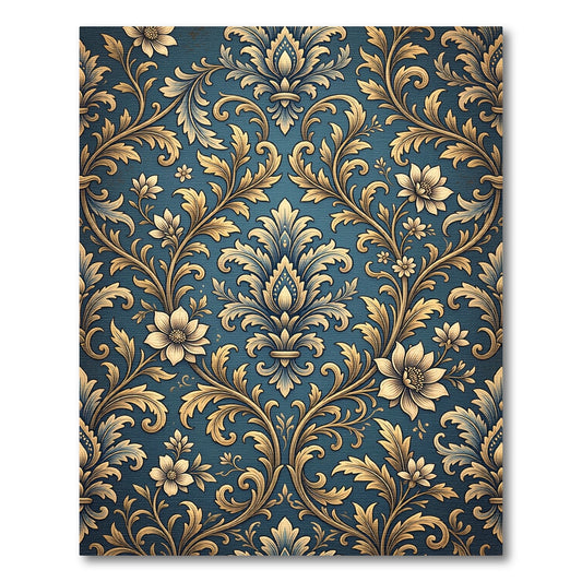Rich Teal Golden Floral Damask Rug