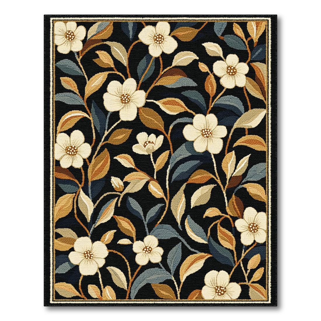 Vintage Floral Black Area Rug with Cream Blooms