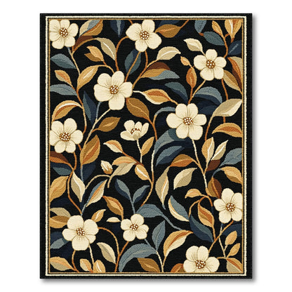 Vintage Floral Black Area Rug with Cream Blooms
