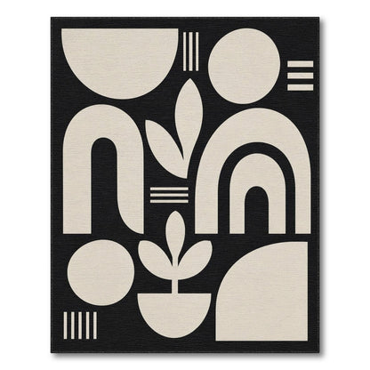 Black White Geometric Botanical Area Rug