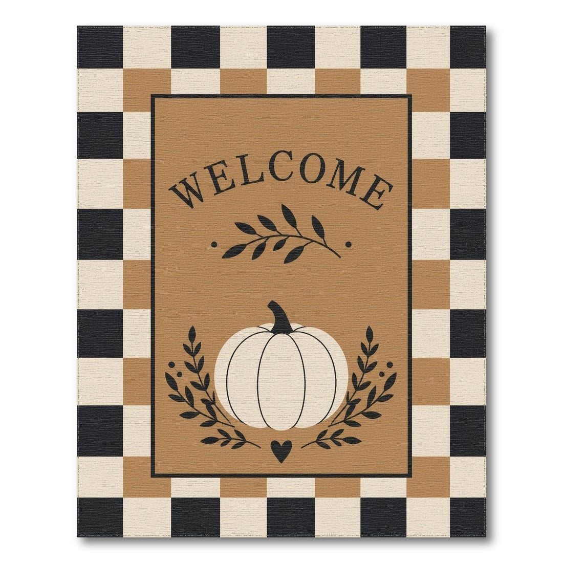 Pumpkin Welcome Checkered Brown Area Rug