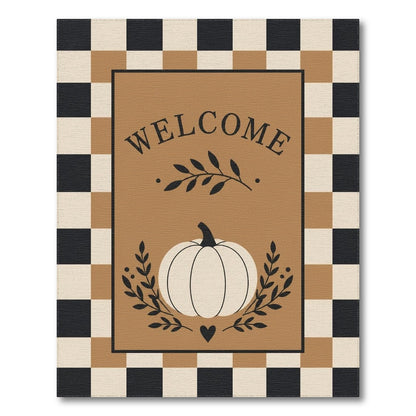 Pumpkin Welcome Checkered Brown Area Rug