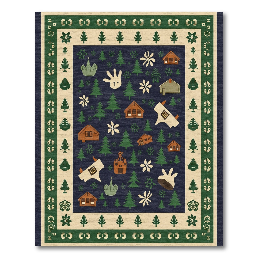 Woodland Cabin Christmas Tree Border Rug