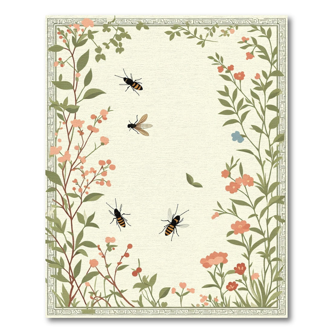 Floral Garden Bees Border Rug