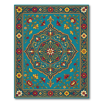 Teal Crimson Floral Medallion Border Rug