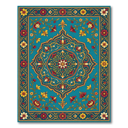 Teal Crimson Floral Medallion Border Rug