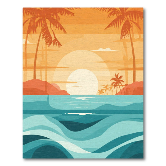 Orange Sunset Beach Palm Trees Ocean Waves Rug