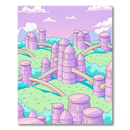 Whimsical Pastel Pink Futuristic Cityscape Rug