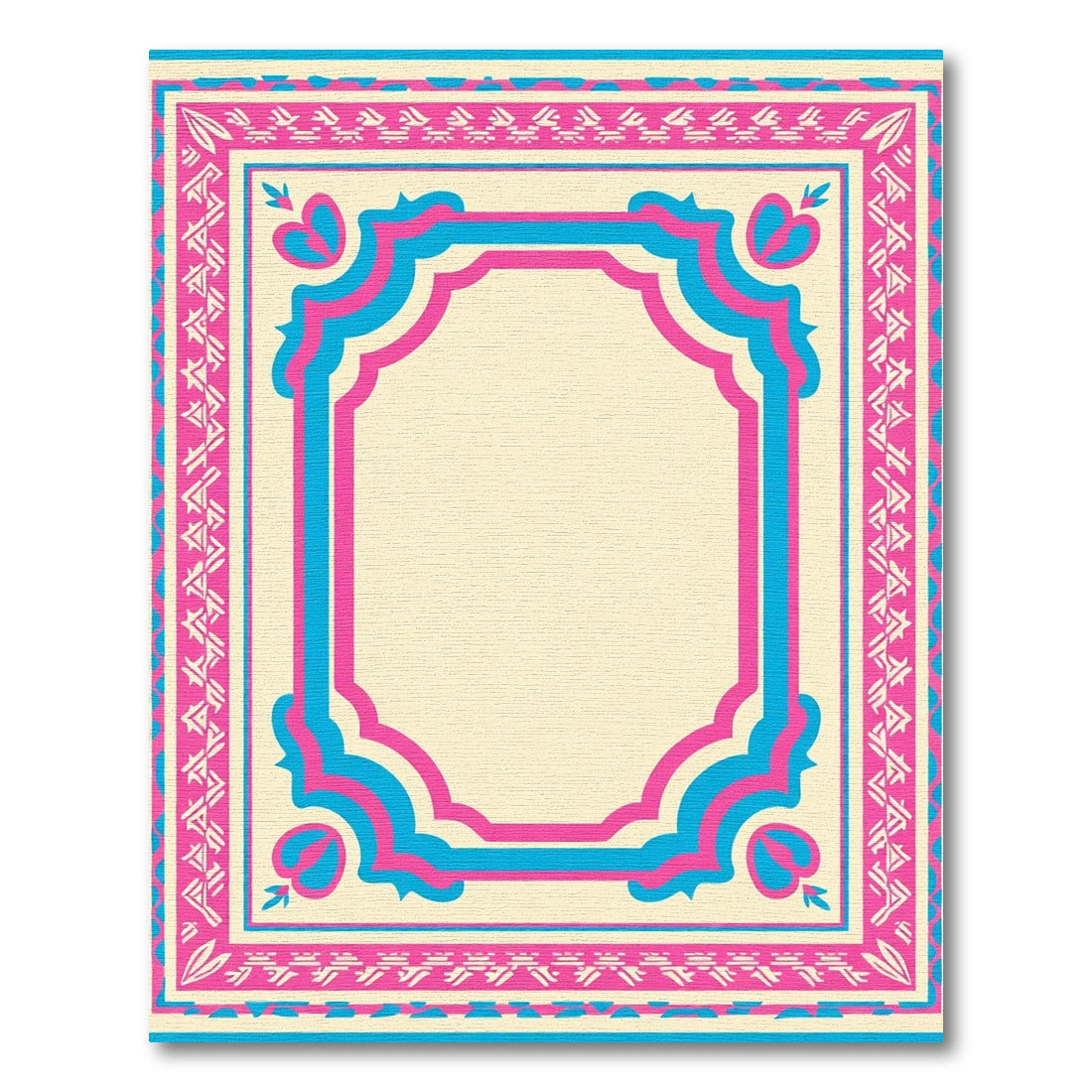 Pink Blue Ivory Geometric Border Rug