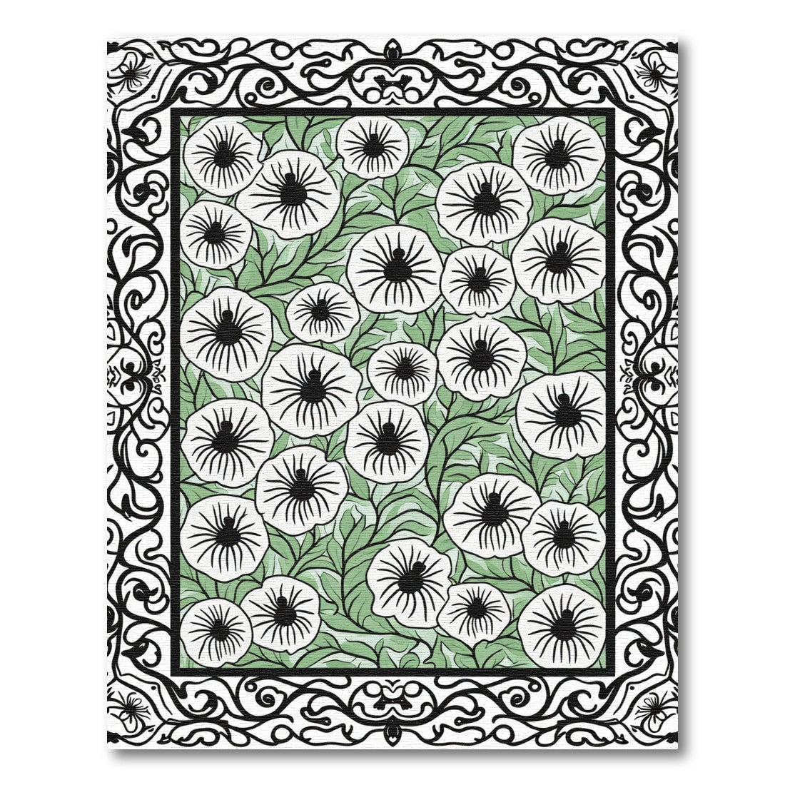 Black White Floral Garden Border Rug