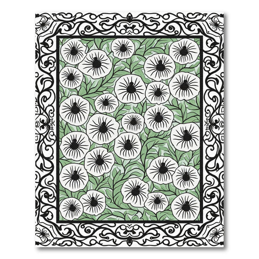 Black White Floral Garden Border Rug