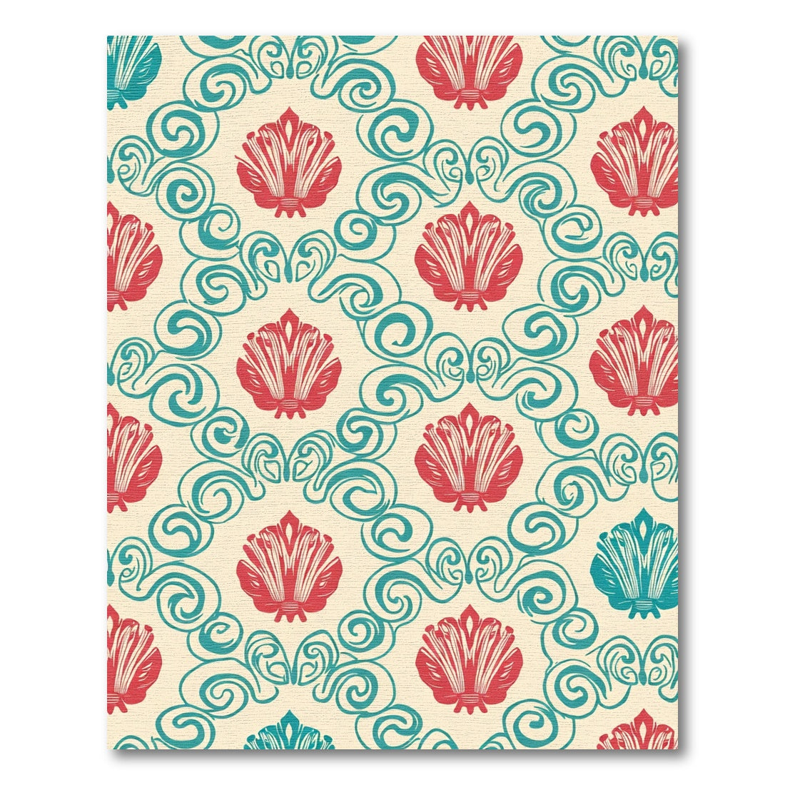 Coral Teal Scallop Scroll Damask Rug