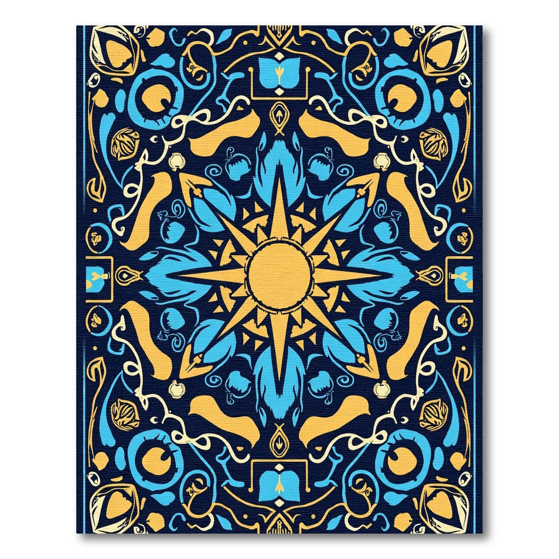 Golden Blue Sunburst Mandala Rug