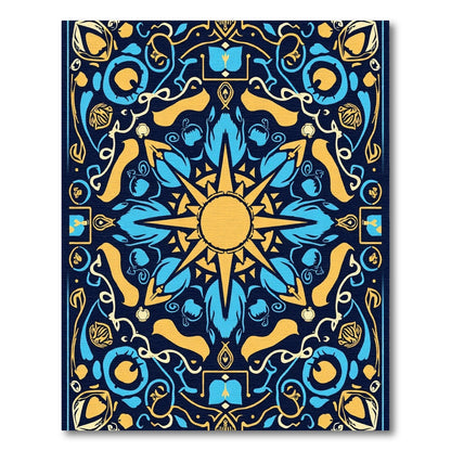 Golden Blue Sunburst Mandala Rug