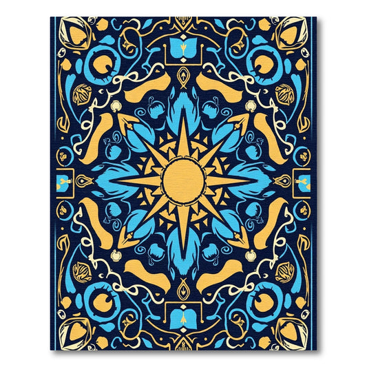 Golden Blue Sunburst Mandala Rug