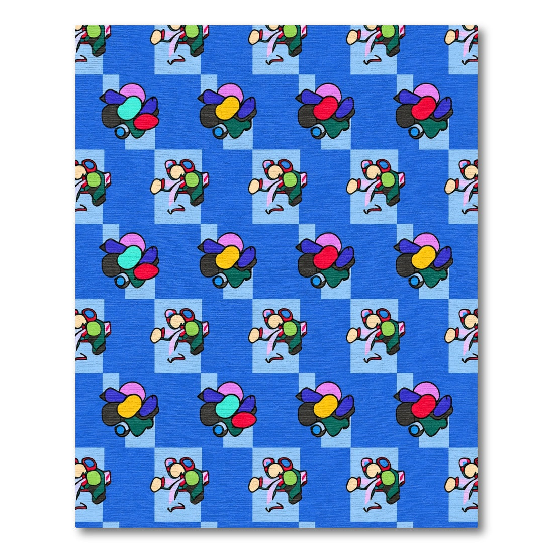 Blue Checkerboard Cartoon Character Rug