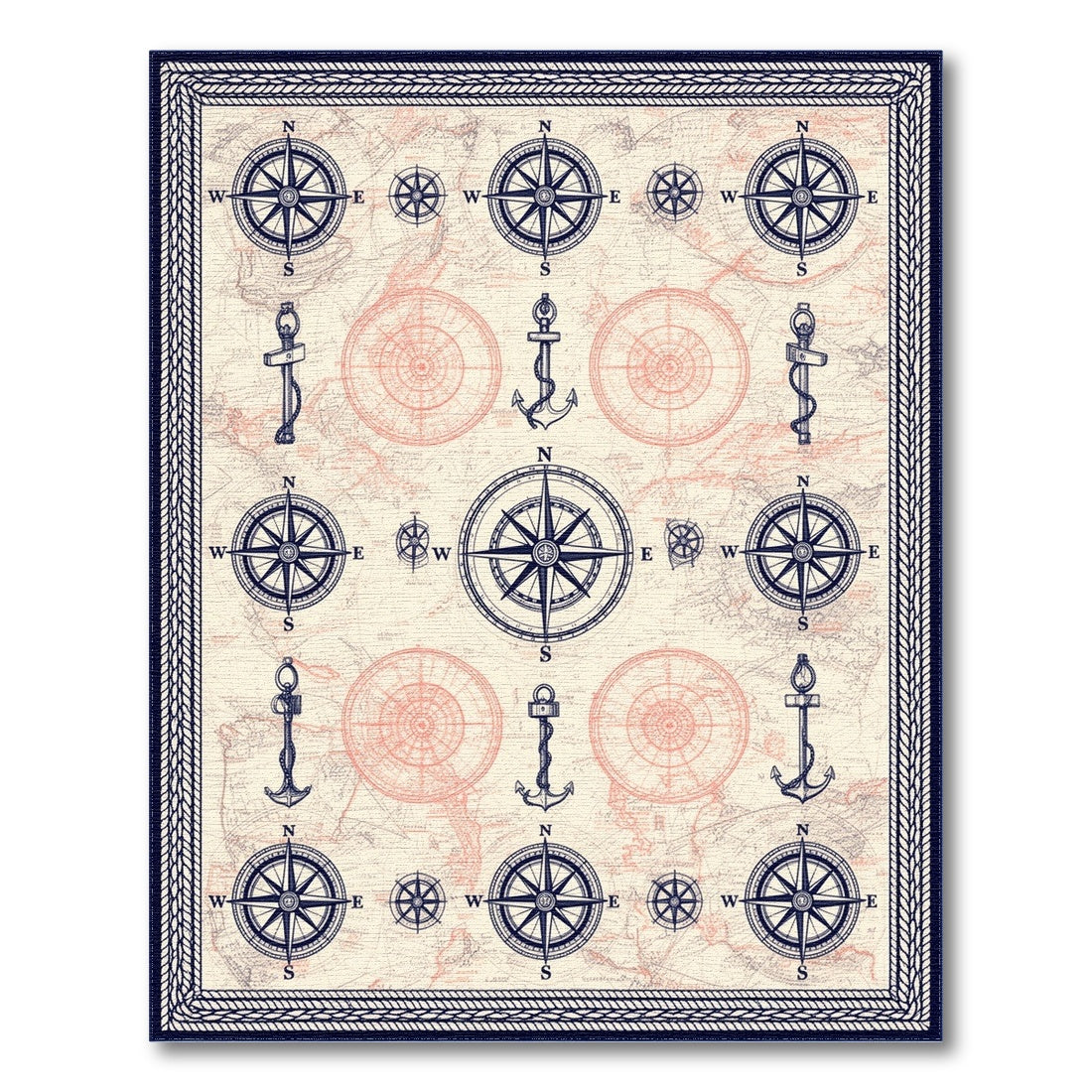 Distressed Vintage Blue and Teal Vintage Nautical Compass Area Rug