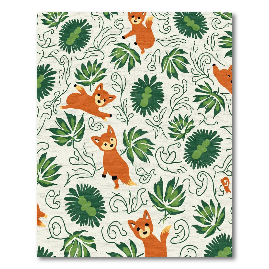 Whimsical Amber Fox Green Floral Swirls Rug