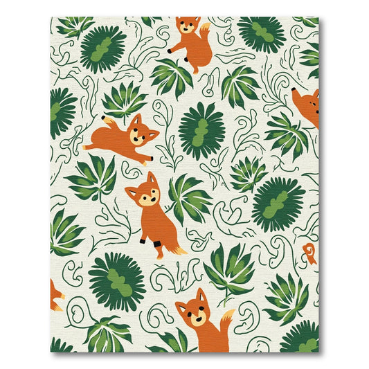 Whimsical Amber Fox Green Floral Swirls Rug