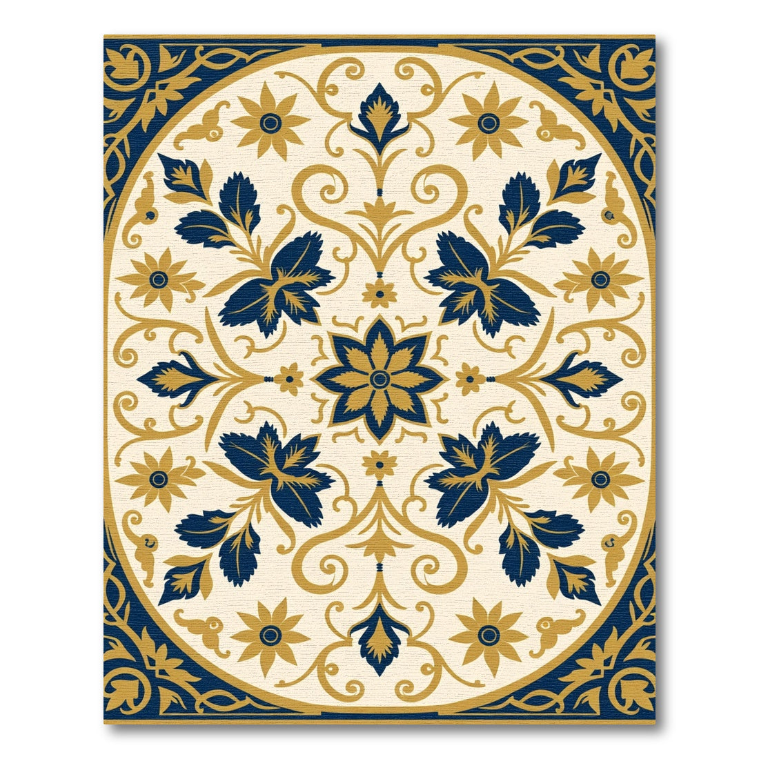 Navy Gold Floral Oval Medallion Rug