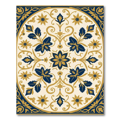 Navy Gold Floral Oval Medallion Rug