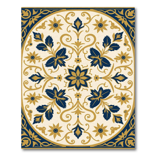 Navy Gold Floral Oval Medallion Rug