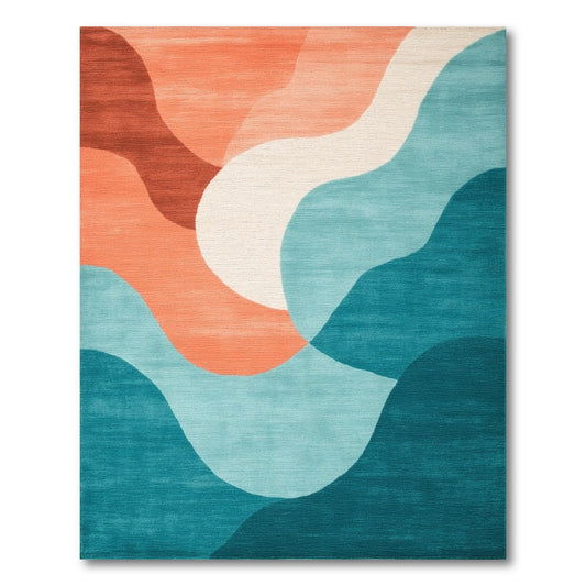 Abstract Wave Area Rug in Blue Teal and Coral