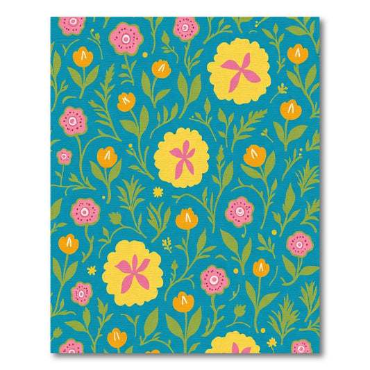 Vibrant Teal Pink Yellow Floral Meadow Rug