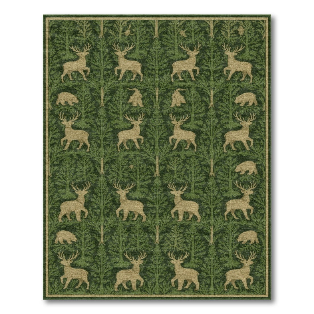Green Forest Deer Bear Rustic Area Rug