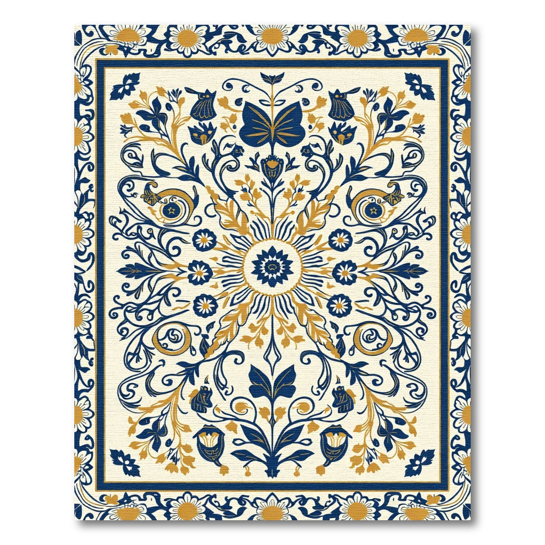 Navy Gold Butterfly Floral Medallion Rug