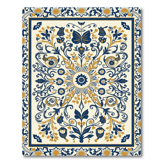 Navy Gold Butterfly Floral Medallion Rug