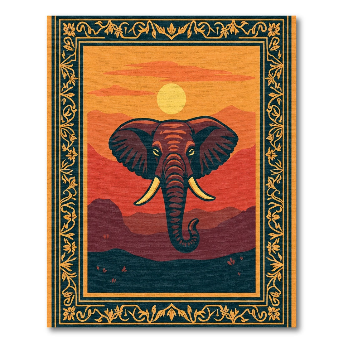 Sunset Elephant Landscape Border Rug