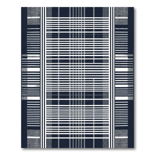 Deep Navy White Stripe Grid Rug