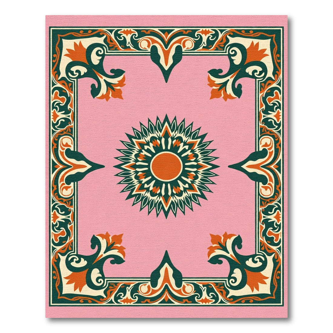 Pink Ivory Coral Floral Sunburst Border Rug